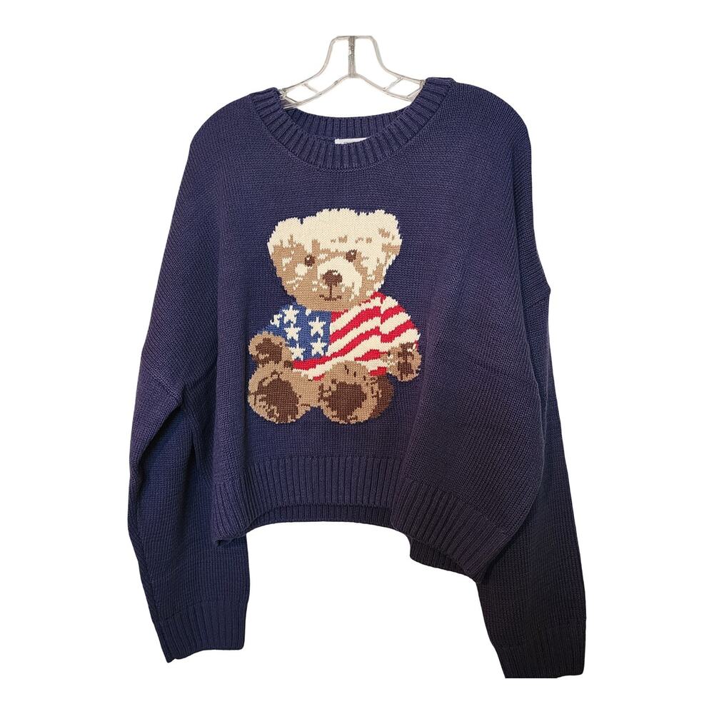 Grayson Threads Patriotic Teddy Bear Knit Sweater USA Flag Pullover